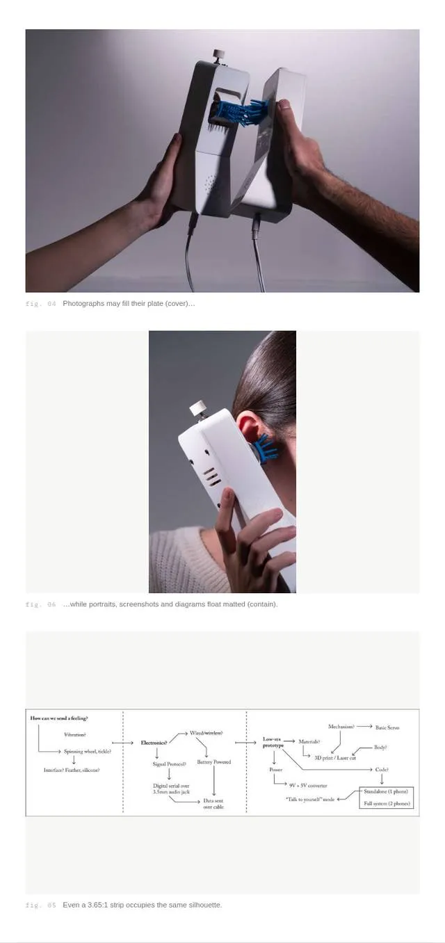 Rejected media systems: uniform matted plates, centre-line hanging with quantized heights, and text-then-plates sequencing. The adopted system combines quantized widths with matting for tall media only.